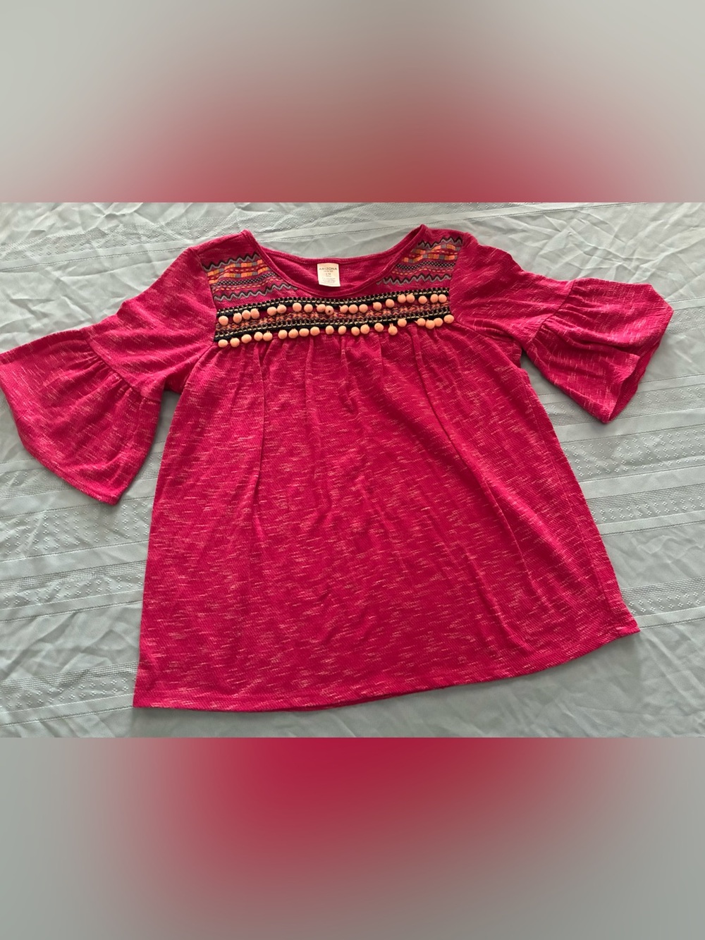 Arizona Girls' 14 Embroidered Pom-Pom Bell Sleeve Top